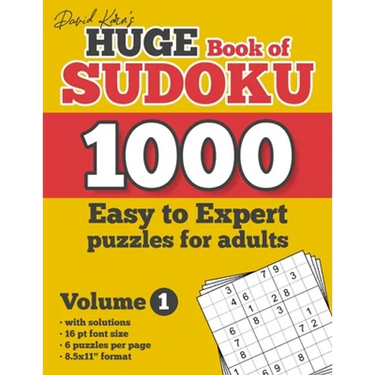 David Karn's Huge Book of Sudoku - 1000 Easy to Expert puzzles for adults, Volume 1: with solutions, 16 pt font size, 6 puzzles per page, 8.5x11" form