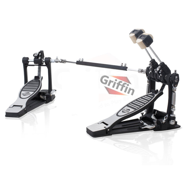 Deluxe Double Kick Drum Pedal for Bass Drum by GRIFFIN - Twin Set Foot Pedal - Quad Sided Beater by GeekStands.com