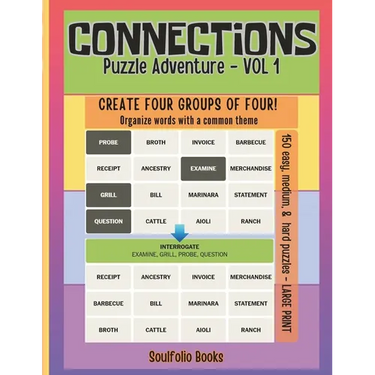 Connections Puzzle Adventure Book - Vol 1: Connections Word Game offers four by four puzzles designed for word game enthusiasts of all ages, including