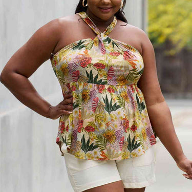 Be Stage Full Size Floral Halter Top in Green