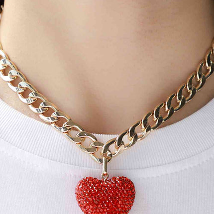 Rhinestone Heart Pendant Curb Chain Necklace