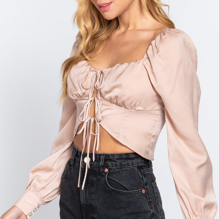 Long Sleeve Sweetheart Neck Front Ribbon Tie Detail Woven Top