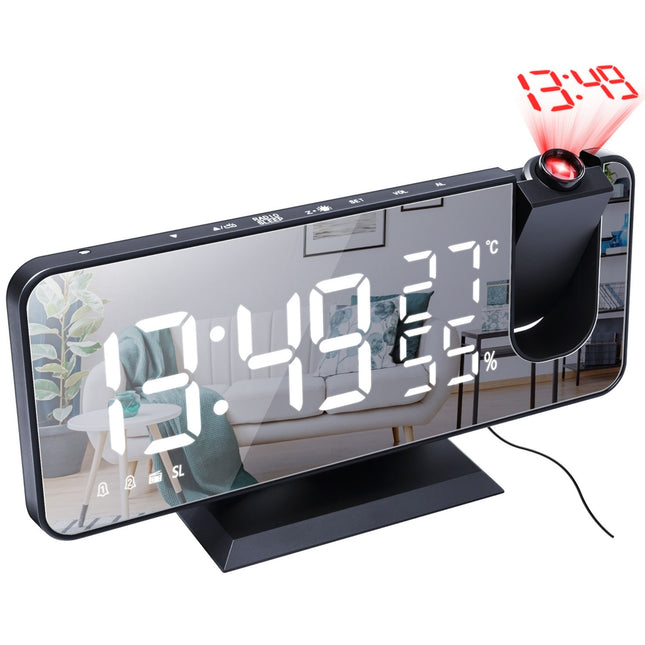 Mirror LED Projection Alarm Clock - Dual Alarms, USB Port, 4 Dimmer, 12/24 Hour - Black