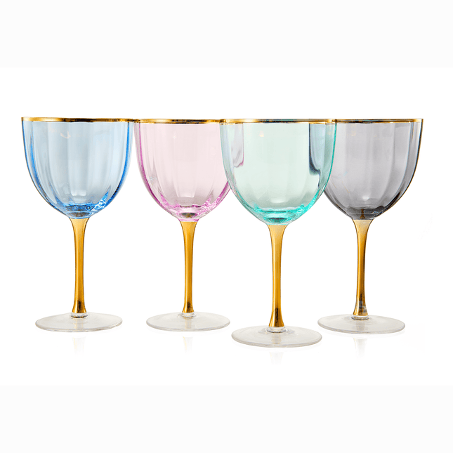 Art Deco Colored Crystal Wine Glass Set of 4, Large 18oz Stemmed Glasses Vibrant Vintage Glasses for White & Red, Water, Margarita Glasses, Gift Idea, Color Glassware - Gilded Rim and Gold Stem by The Wine Savant - Vysn