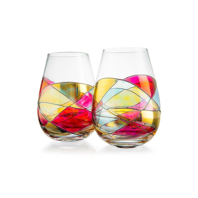 Artisanal Hand Painted Stemless - Gift for Mom, Friends, Girlfriends, Renaissance Romantic Stain-glassed Windows Wine Glasses Set of 2 - Gift Idea for Birthday, Housewarming - Extra Large Goblets by The Wine Savant - Vysn