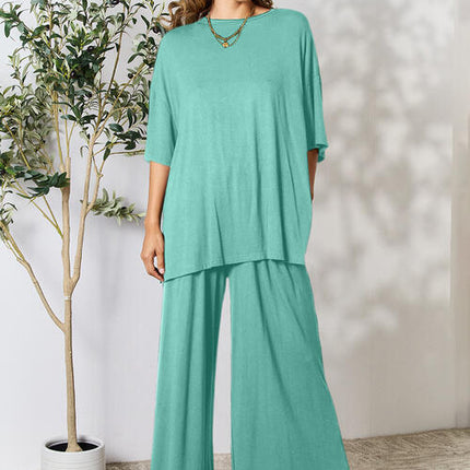 Double Take Full Size Round Neck Slit Top and Pants Set