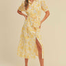 Button closure waist belt puff sleeve dress - Vysn