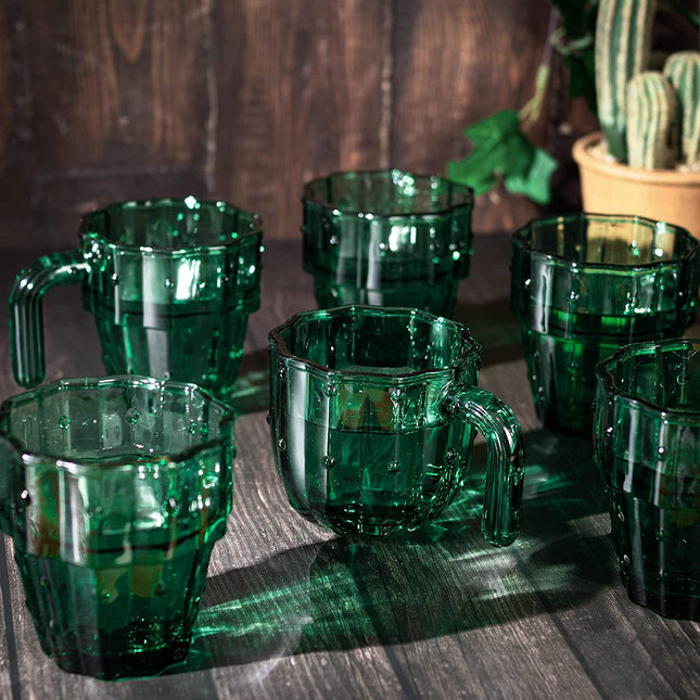 Cactus Stackable Glasses, Stacktus Gifts, Set of 6-10 oz Cactus Shape Glasses With Handles Green Glass Blown Figurines Plant Decorations for Parties 3.5" H 5" W - Copyright Design, Patent Pending by The Wine Savant - Vysn