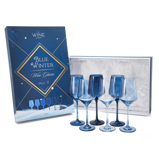 Colored Wine Glass Set, 12oz Glasses Set of 6 For All Occasions & Special Celebrations Gift For Him, Her, Wife, Friend Drinkware Unique Style Tall Stemmed for White & Red Wine Elegant Glassware (Blue) by The Wine Savant - Vysn