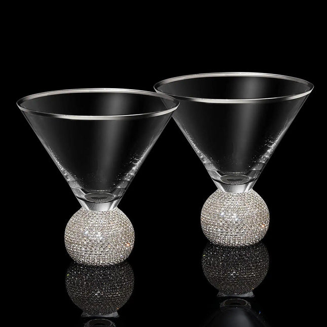 Diamond Studded Martini Glasses Set of 2 - The Wine Savant - Silver Rimmed Modern Cocktail Glass, Rhinestone Diamonds With Stemless Crystal Ball Base, Bar or Party 10.5oz, Swarovski Style Crystals by The Wine Savant - Vysn