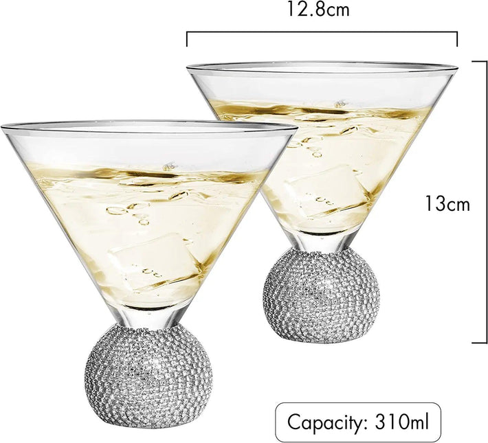 Diamond Studded Martini Glasses Set of 2 - The Wine Savant - Silver Rimmed Modern Cocktail Glass, Rhinestone Diamonds With Stemless Crystal Ball Base, Bar or Party 10.5oz, Swarovski Style Crystals by The Wine Savant - Vysn