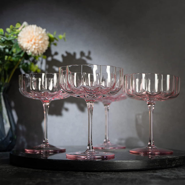 Flower Vintage Wavy Petals Wave Glass Coupes 7oz Colorful Cocktail, - Set of 4 - Rippled & Champagne Glasses, Prosecco, Martini, Mimosa, Cocktail Set, Bar Glassware Copyright & Patent Pending (Pink) by The Wine Savant - Vysn