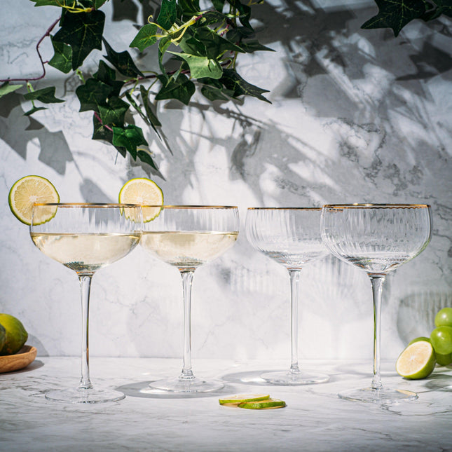 Gold Rim Glasses 7 oz, Set of 4 Gold Rim Classic Manhattan Glasses For Martini, Cocktails, Champagne, Wine - The Wine Savant (Ribbed) by The Wine Savant - Vysn