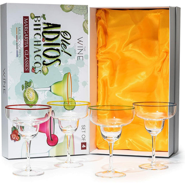 Margarita Cocktail Glasses, Party Colored Rims Cocktail Glasses 12oz Set of 4 by The Wine Savant - Fiesta Party Decoration Glasses, Mexican Glasses, Fun Box Adios Bitchachos, Thick Stem, Heavy Duty by The Wine Savant - Vysn