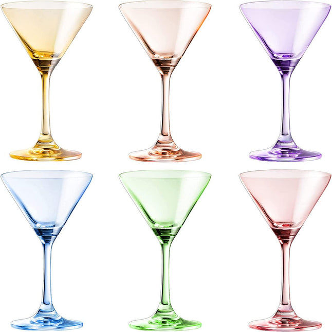 Martini Glasses Set of 6 | 8oz | Crystal Luxury Martini Glass - Elegant Colors - Premium Hand-Blown | Art Deco Cocktail Colored Coupes For Manhattan, Cosmopolitan, Sidecar, Speakeasy - Stemmed Goblets by The Wine Savant - Vysn