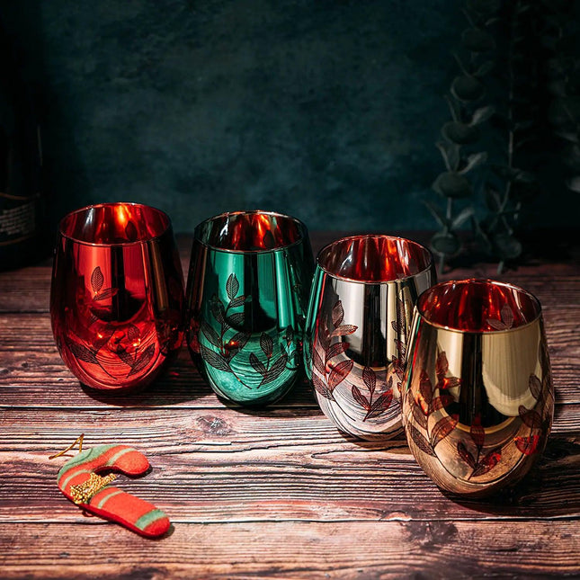 Multicolor 4-Piece Tree Stemless Wine & Water Glasses - Shining Red Green Yellow Silver, Housewarming Gift For Her, Him Party Décor, Colored Glass Trees Décor, Kitchen Home Decoration (Stemless) by The Wine Savant - Vysn