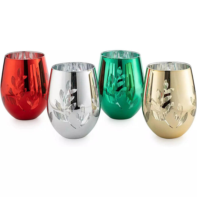 Multicolor 4-Piece Tree Stemless Wine & Water Glasses - Shining Red Green Yellow Silver, Housewarming Gift For Her, Him Party Décor, Colored Glass Trees Décor, Kitchen Home Decoration (Stemless) by The Wine Savant - Vysn