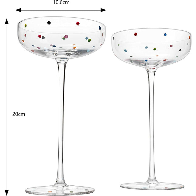 Polka Dot Champagne Coupe Glasses Set of 2 8.8 oz by The Wine Savant - Polka Dot Rainbow Colored Glasses, Cocktail Glassware, Polka Dot Gifts Damien Hirst, Gift Idea For Everyday, Weddings, Parties by The Wine Savant - Vysn