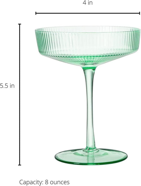 Ribbed Coupe Cocktail Glasses 8 oz | Set of 2 | Classic Manhattan Glasses For Cocktails, Champagne Coupe, Ripple Coupe Glasses, Art Deco Gatsby Vintage, Crystal with Stems (Green, Set of 2) by The Wine Savant - Vysn