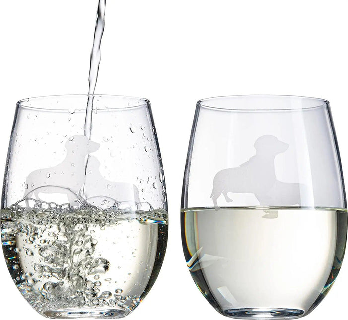 Set of 2 Dog Daschund Stemless Wine Glasses by The Wine Savant - Wiener Dog Puppy & Doggy Lover for Him & Her - Dogs Silhouette - Glass Gifts Etched Tumblers for Anniversary, Wedding, Home Bar Gifts by The Wine Savant - Vysn