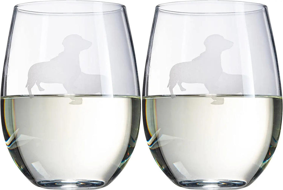 Set of 2 Dog Daschund Stemless Wine Glasses by The Wine Savant - Wiener Dog Puppy & Doggy Lover for Him & Her - Dogs Silhouette - Glass Gifts Etched Tumblers for Anniversary, Wedding, Home Bar Gifts by The Wine Savant - Vysn