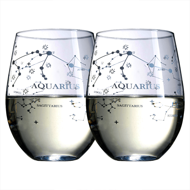 Set of 2 Zodiac Sign Wine Glasses with 2 Wooden Coasters by The Wine Savant - Astrology Drinking Glass Set with Etched Constellation Tumblers for Juice, Water Home Bar Horoscope Gifts 18oz (Aquarius) by The Wine Savant - Vysn