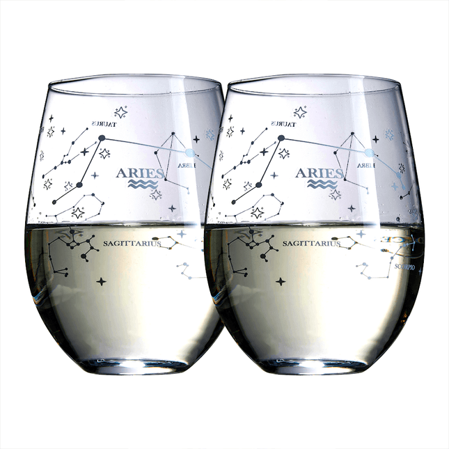Set of 2 Zodiac Sign Wine Glasses with 2 Wooden Coasters by The Wine Savant - Astrology Drinking Glass Set with Etched Constellation Tumblers for Juice, Water Home Bar Horoscope Gifts 18oz (Aries) by The Wine Savant - Vysn