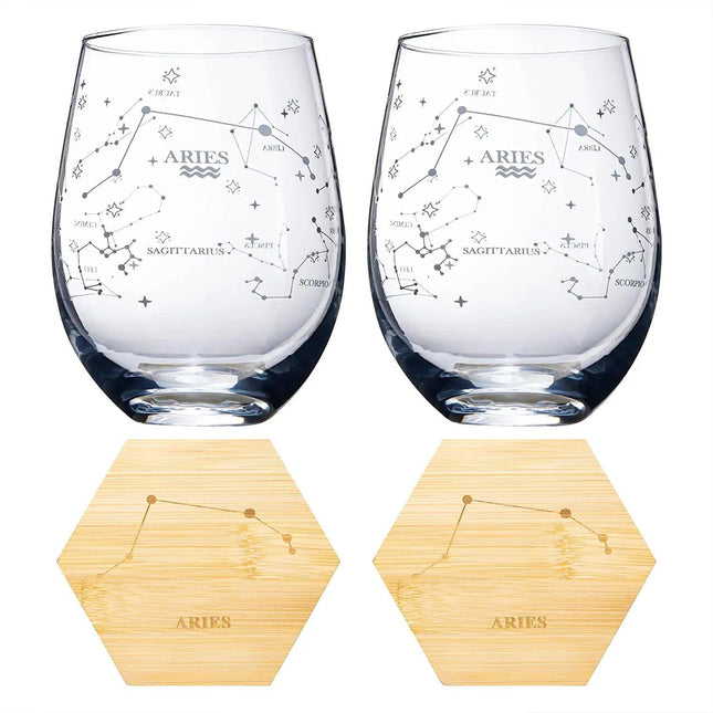 Set of 2 Zodiac Sign Wine Glasses with 2 Wooden Coasters by The Wine Savant - Astrology Drinking Glass Set with Etched Constellation Tumblers for Juice, Water Home Bar Horoscope Gifts 18oz (Aries) by The Wine Savant - Vysn