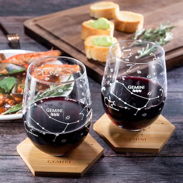 Set of 2 Zodiac Sign Wine Glasses with 2 Wooden Coasters by The Wine Savant - Astrology Drinking Glass Set with Etched Constellation Tumblers for Juice, Water Home Bar Horoscope Gifts 18oz (Gemini) by The Wine Savant - Vysn