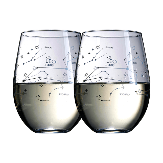 Set of 2 Zodiac Sign Wine Glasses with 2 Wooden Coasters by The Wine Savant - Astrology Drinking Glass Set with Etched Constellation Tumblers for Juice, Water Home Bar Horoscope Gifts 18oz (Leo) by The Wine Savant - Vysn