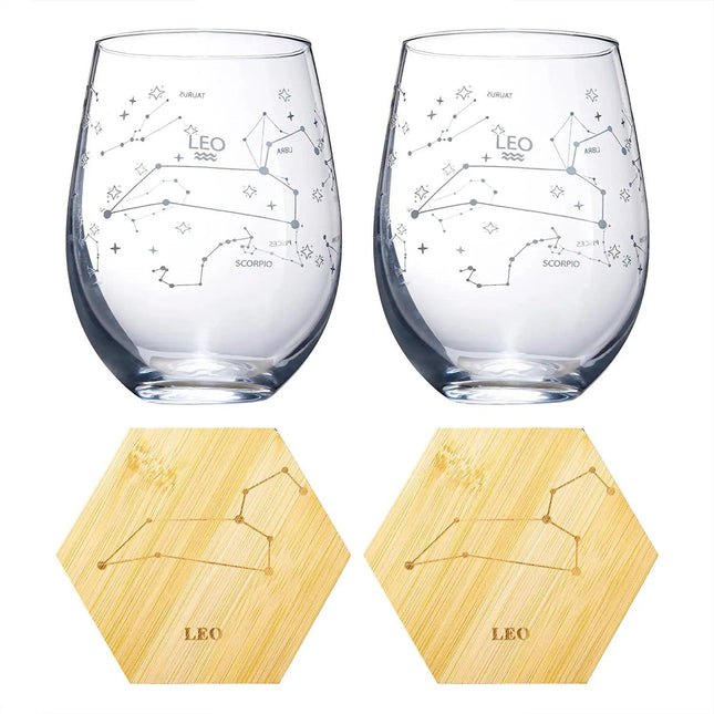 Set of 2 Zodiac Sign Wine Glasses with 2 Wooden Coasters by The Wine Savant - Astrology Drinking Glass Set with Etched Constellation Tumblers for Juice, Water Home Bar Horoscope Gifts 18oz (Leo) by The Wine Savant - Vysn