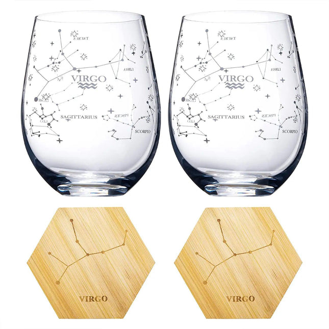 Set of 2 Zodiac Sign Wine Glasses with 2 Wooden Coasters by The Wine Savant - Astrology Drinking Glass Set with Etched Constellation Tumblers for Juice, Water Home Bar Horoscope Gifts 18oz (Virgo) by The Wine Savant - Vysn