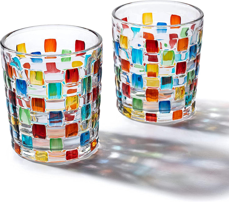 The Wine Savant Artisanal Hand Painted Stained Glass Window Whiskey Tumblers 10oz Set of 2 Renaissance Romantic Rainbow Colored Drinking Glasses - Gift Idea for Her, Home Bar, Weddings 4" H by The Wine Savant - Vysn
