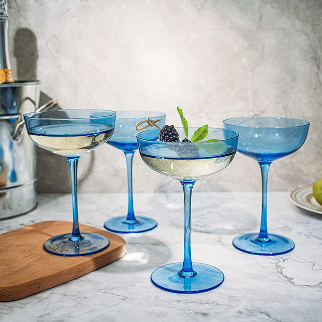 The Wine Savant Colored Coupe Glass | 7oz | Set of 4 Colorful Champagne & Cocktail Glasses, Fancy Manhattan, Crystal Martini, Cocktails Set, Margarita Bar Glassware Gift, Vintage (Blue) by The Wine Savant - Vysn