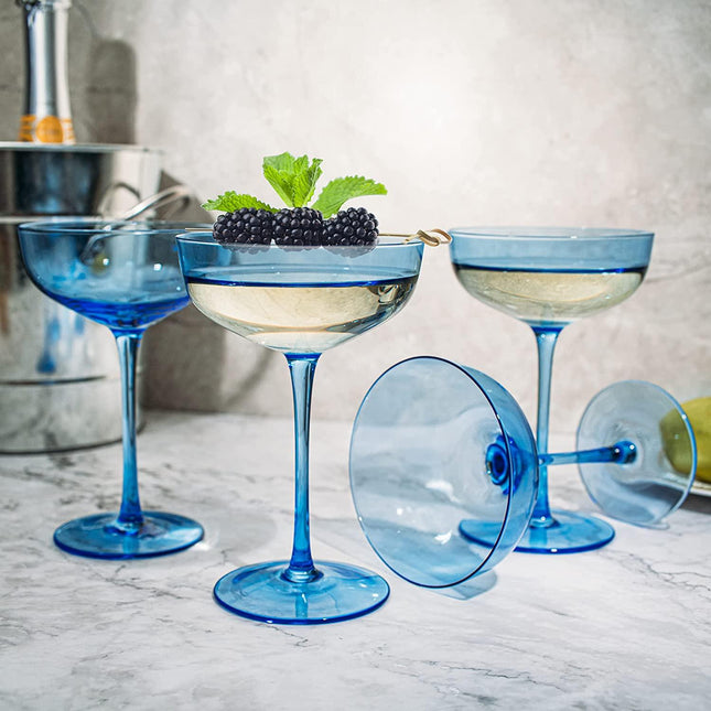 The Wine Savant Colored Coupe Glass | 7oz | Set of 4 Colorful Champagne & Cocktail Glasses, Fancy Manhattan, Crystal Martini, Cocktails Set, Margarita Bar Glassware Gift, Vintage (Blue) by The Wine Savant - Vysn