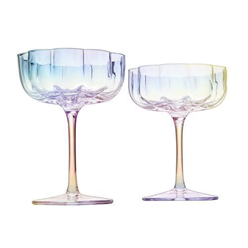The Wine Savant Flower Vintage Glass Coupes 7oz Colorful Cocktail, Martini & Champagne Glasses, Prosecco, Mimosa Glasses Set, Cocktail Glass Set, Bar Glassware Luster Glasses Patent Pending by The Wine Savant - Vysn