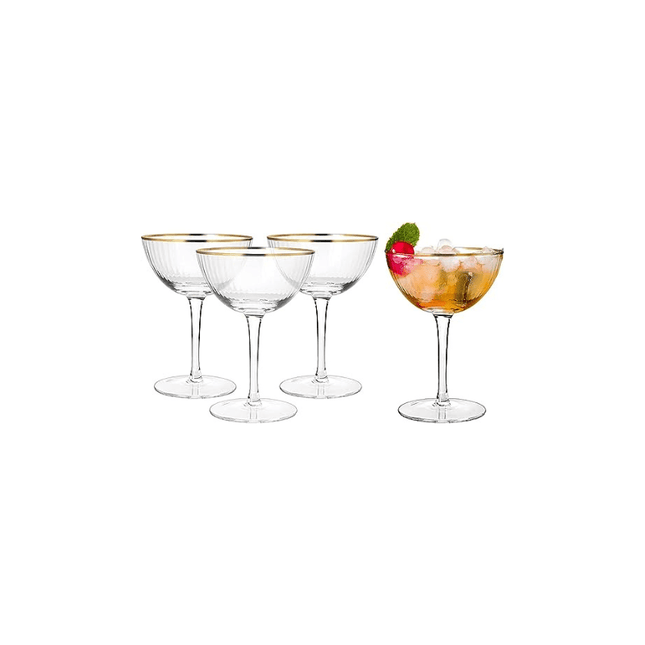 The Wine Savant Gold Rim Glasses 6 oz, Set of 4 Gold Rim Classic Manhattan Glasses For Martini, Cocktails, Champagne, Water & Wine - Classic Coupes Gilded Rimed, Crystal with Stems, Coupe by The Wine Savant - Vysn