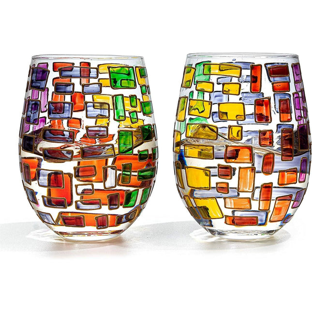 The Wine Savant Renaissance Stained Glass Windows, Artisanal Hand Painted Glassware Gift Idea Her, Him, Birthday, Mom, Housewarming, Gifts Ideas for Women & Men Art Deco (Stemless Wine Glasses) by The Wine Savant - Vysn