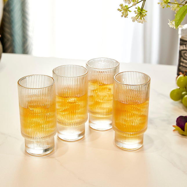 Vintage Art Deco Crystal Highball Ribbed Glass Set of 4 - Ripple, Collins Glassware 14oz Classic Crystal Cocktail Glasses Perfect for Water, Champagne, Beer, Juice, Tom Cocktails - Barware Tumblers by The Wine Savant - Vysn