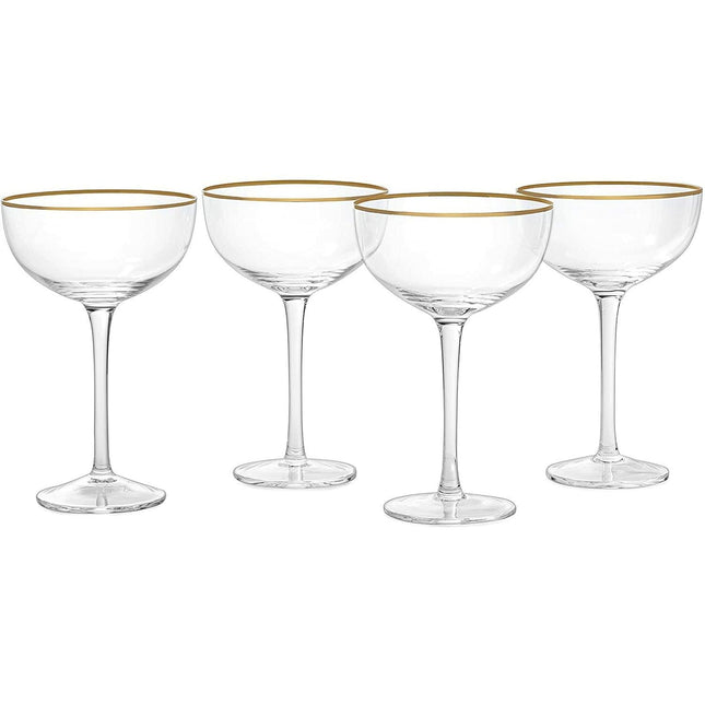 Vintage Crystal Champagne Coupe Gold Rim Glasses | Set of 4 | 7 oz, Gilded Rim Classic Cocktail Glassware - Martini, Manhattan, Cosmopolitan, Sidecar, Daiquiri | 1920s Style Saucer Goblets | Gift Box by The Wine Savant - Vysn