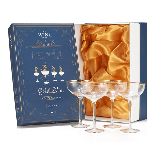 Vintage Crystal Champagne Coupe Gold Rim Glasses | Set of 4 | 7 oz, Gilded Rim Classic Cocktail Glassware - Martini, Manhattan, Cosmopolitan, Sidecar, Daiquiri | 1920s Style Saucer Goblets | Gift Box by The Wine Savant - Vysn