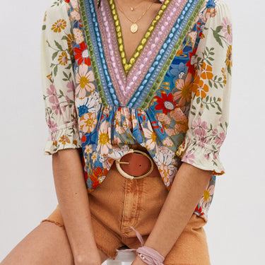 Multicolour V Neck Half Sleeve Boho Floral Blouse