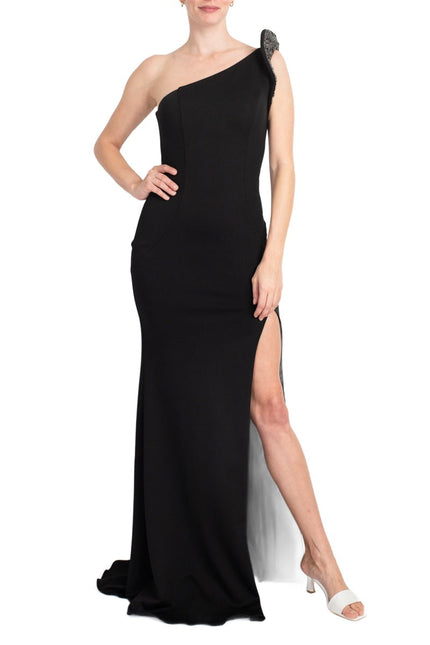 Jovani fitted one shoulder slit front crepe gown by Curated Brands