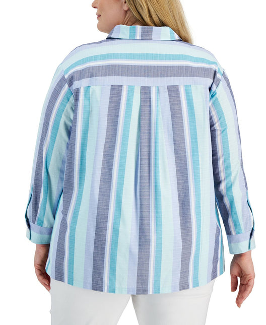 Anne Klein Women's Striped Oxford Shacket Blue by Steals