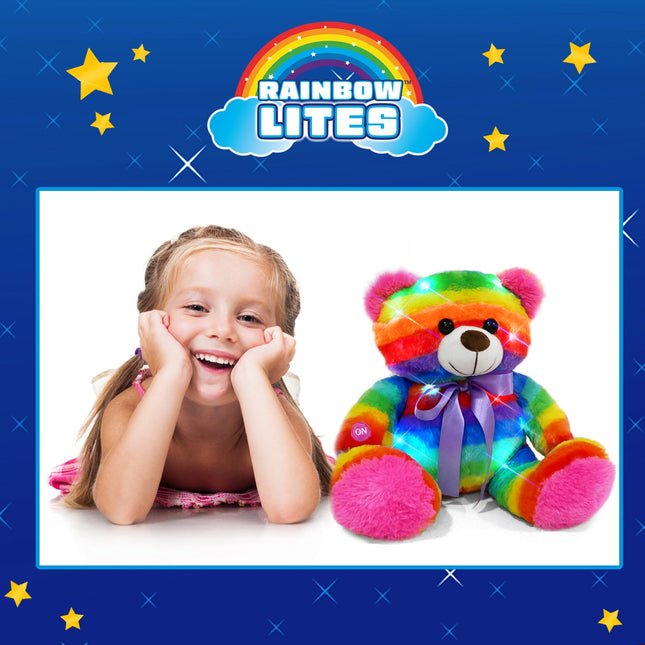 Rainbow Lites Teddy Bear Glow Plush LED Night Light Up Stuffed Animal 2 Pack Set  (16 inch, Batteries Included) by The Noodley