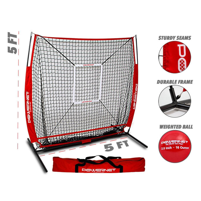 PowerNet 5x5 Practice Hitting Pitching Net + Strike Zone Attachment + Weighted Training Ball Bundle + Carry Bag by Jupiter Gear