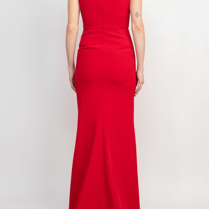 Alberto Makali Boat Neck Sleeveless Bow Shoulder Detail Zipper Back Solid Mermaid Gown by Curated Brands