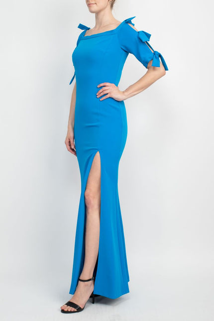Alberto Makali Square Neck Bow Shoulder Detail Short Sleeve Bodycon Zipper Back Slit Side Solid Scuba Gown by Curated Brands