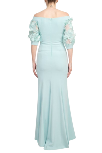 Alberto Makali V-Neck Short Embellished Lace Sleeve Zipper Back Mermaid Slit Side Gown by Curated Brands