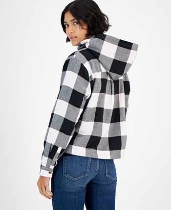 Tommy Jeans Women's Plaid Fleece Lined Hooded Shirt Jacket White Size Small by Steals